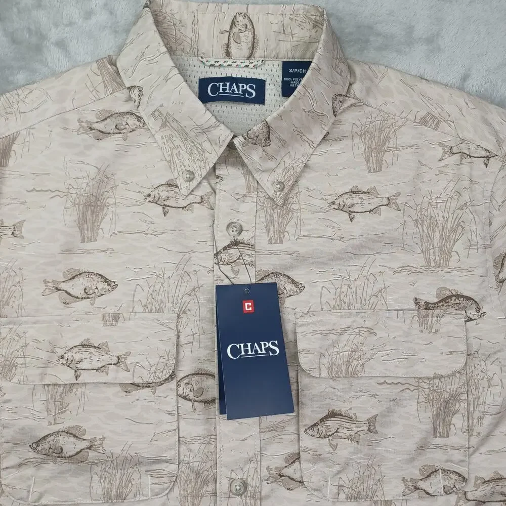 NWT Chaps Fishing Shirt | Men's Small | Tan Fish Print | UPF 50+ Quick Dry